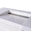 Angled view of white bathroom vanity sink basin with horizontal drain slot detail