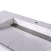 Close-up view of white bathroom vanity sink with parallel drain lines and faucet hole