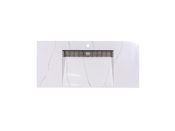 White modern range hood with wavy design pattern and black stainless steel grease filter insert