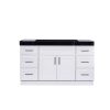 White bathroom vanity cabinet with black marble countertop and chrome handles, 60 inches wide