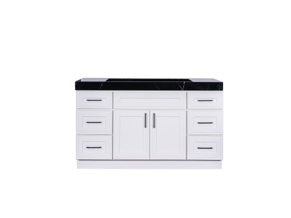 White bathroom vanity cabinet with black marble countertop and chrome handles, 60 inches wide
