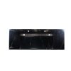 Black marble undermount bathroom sink with white rectangular frame and chrome hardware