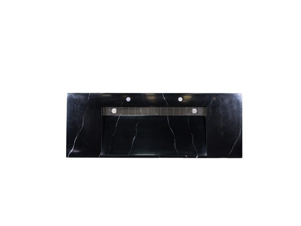 Black marble undermount bathroom sink with white rectangular frame and chrome hardware