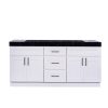 White double bathroom vanity with black marble countertop, dual cabinets with handles, and center drawers