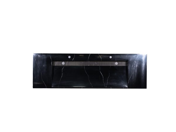 Black marble countertop with chrome ventilation grille and mounting holes