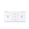 White double vanity bathroom cabinet with dual sinks, centered drawers, and cabinet doors with chrome hardware