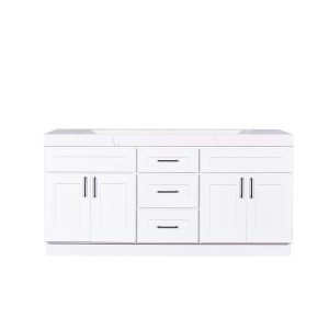 White double vanity bathroom cabinet with dual sinks, centered drawers, and cabinet doors with chrome hardware