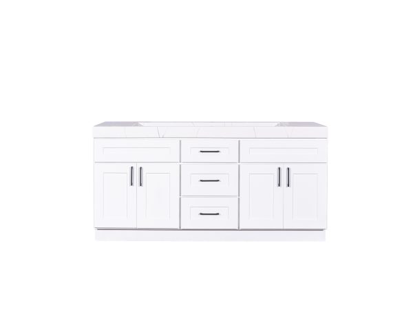 White double vanity bathroom cabinet with dual sinks, centered drawers, and cabinet doors with chrome hardware