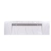 White modern range hood with decorative wavy design pattern and stainless steel grease filter