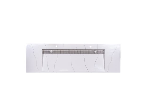 White modern range hood with decorative wavy design pattern and stainless steel grease filter