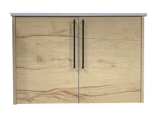 Light wood grain two-door cabinet with gray top and black handles for modern home storage