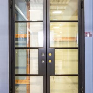 Black double doors with 4 glass panes per door and dual gold knobs in closed position