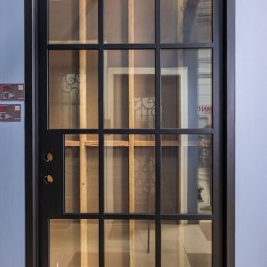 Single black door with 12-pane glass grid pattern and gold hardware in modern architectural setting