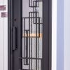 Black contemporary entry door with modern geometric window grille pattern and textured glass panel