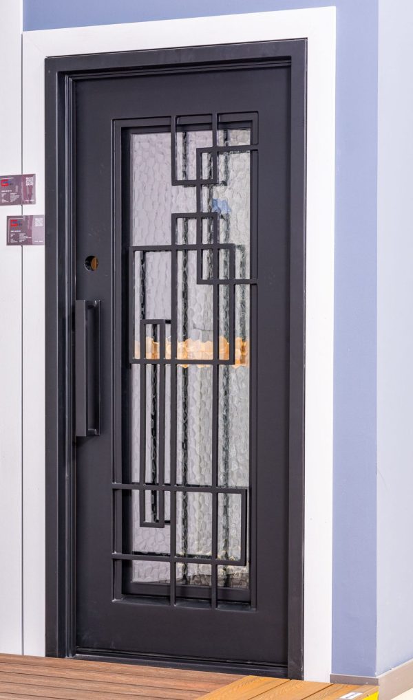 Black contemporary entry door with modern geometric window grille pattern and textured glass panel