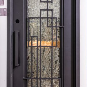 Black modern entry door featuring asymmetrical rectangular window design with textured glass and geometric black frame pattern