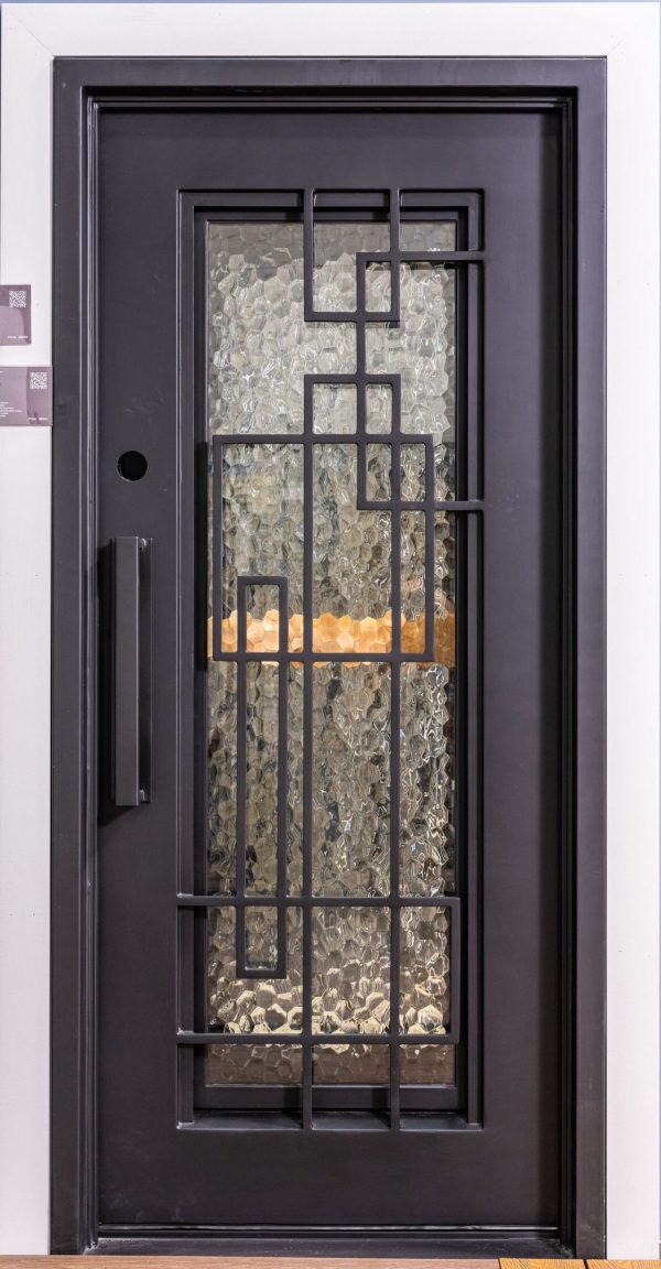 Black modern entry door featuring asymmetrical rectangular window design with textured glass and geometric black frame pattern