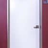 White interior door with silver metal frame and modern lever handle against burgundy wall