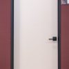 Contemporary light gray interior door with minimalist black hardware and dark frame