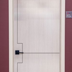 Light wood grain interior door with geometric line design and black handle