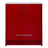 Red bathroom vanity cabinet with white marble countertop, two cabinet doors with gray handles, and one drawer with silver handle