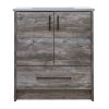 Rustic gray wood bathroom vanity with gray stone countertop, two cabinet doors with black handles, and one drawer