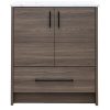 Dark wood bathroom vanity with white marble countertop, two cabinet doors with black handles, and one drawer