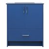 Blue bathroom vanity cabinet with gray countertop, two cabinet doors with silver handles, and one drawer with silver handle