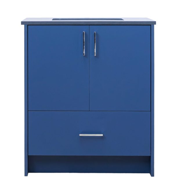 Blue bathroom vanity cabinet with gray countertop, two cabinet doors with silver handles, and one drawer with silver handle