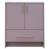 Mauve purple bathroom vanity cabinet with marble countertop, two cabinet doors with gold handles, and one drawer with gold handle