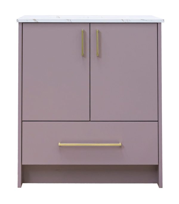 Mauve purple bathroom vanity cabinet with marble countertop, two cabinet doors with gold handles, and one drawer with gold handle