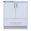 White bathroom vanity cabinet with marble countertop, two cabinet doors with black handles, and one drawer with chrome handle