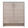 Light wood bathroom vanity with white marble countertop, two cabinet doors with chrome handles, and one drawer