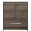 Medium brown wood bathroom vanity with white marble countertop, two cabinet doors with black handles, and one drawer