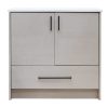 Beige light wood bathroom vanity cabinet with white marble countertop, two cabinet doors with black handles, and one drawer below