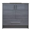 Gray wood-grain bathroom vanity cabinet with dark granite countertop, two cabinet doors with black handles, and one drawer below