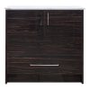Dark espresso wood bathroom vanity cabinet with white marble countertop, two cabinet doors with metallic handles, and one drawer below