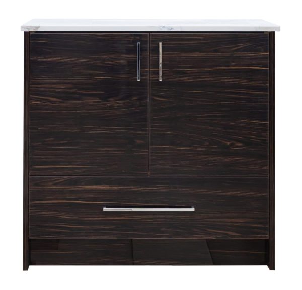 Dark espresso wood bathroom vanity cabinet with white marble countertop, two cabinet doors with metallic handles, and one drawer below