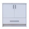 Contemporary white bathroom vanity cabinet with gray marble top, two upper doors with black handles, and one lower drawer