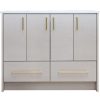 Light gray linen textured bathroom vanity with four upper cabinet doors and two lower drawers, featuring brass/gold handles and a white countertop with integrated sink