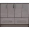 Modern taupe bathroom vanity with white marble countertop, four upper cabinet doors with chrome handles, and two lower drawers
