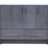 Contemporary gray wood-textured bathroom vanity with white marble top, four upper cabinet doors, and two lower drawers with chrome pulls
