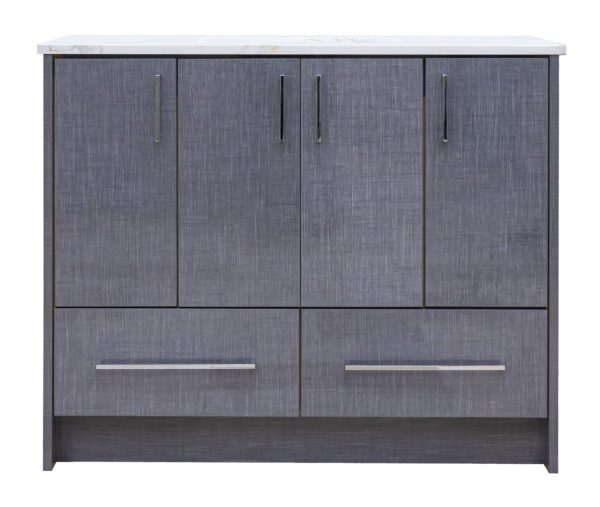 Contemporary gray wood-textured bathroom vanity with white marble top, four upper cabinet doors, and two lower drawers with chrome pulls