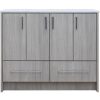 Gray wood grain bathroom vanity with four upper cabinet doors and two lower drawers, featuring black handles and a white countertop with integrated sink