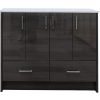 Modern dark wood bathroom vanity with white marble top, four cabinet doors with chrome handles, and two lower drawers