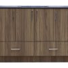 Medium brown walnut wood bathroom vanity with four upper cabinet doors and two lower drawers, featuring stainless steel hardware and dark countertop