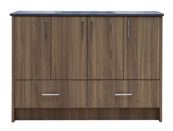 Medium brown walnut wood bathroom vanity with four upper cabinet doors and two lower drawers, featuring stainless steel hardware and dark countertop