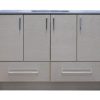 Light gray bathroom vanity with 4 upper cabinet doors and 2 lower drawers, steel handles, and white stone countertop