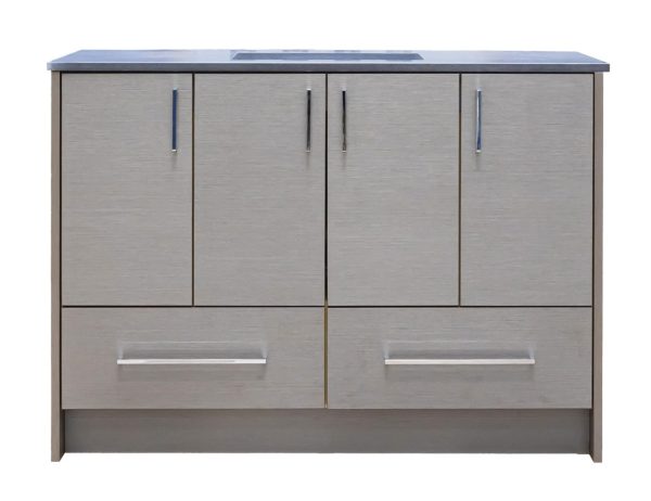 Light gray bathroom vanity with 4 upper cabinet doors and 2 lower drawers, steel handles, and white stone countertop