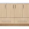 Light natural oak wood bathroom vanity with four upper cabinet doors and two lower drawers, featuring chrome hardware and white marble countertop